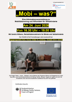 Plakat zur Informationsveranstelung zu Mobilitätstraining und Hilsmitteln für Sehbehinderte
