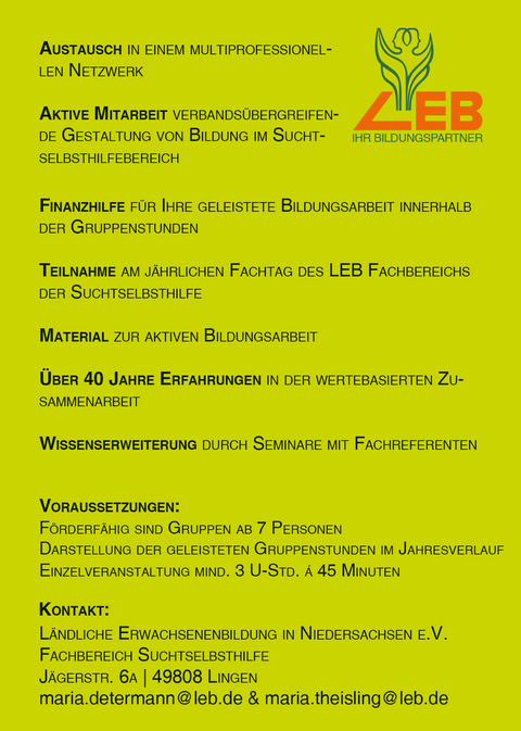 Postkarte Rückseite: Mitarbeit und Gestaltung von Bildung im Suchtselbsthilfebereich.